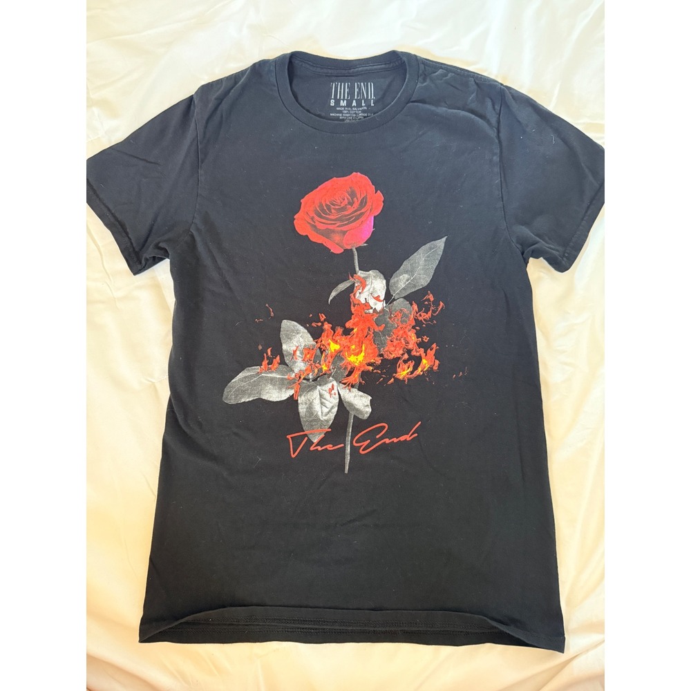 The End Burning Rose Graphic T-Shirt Black Cotton Crewneck Short Sleeve Small